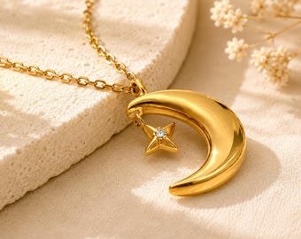 PVD Waterproof Non-Tarnish Gold Crescent Moon Celestial Necklace Moon and Star Tarot Witchy Jewelry Dainty