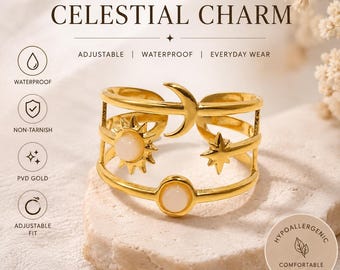 Celestial Sun Moon & Star Adjustable Gold Ring | Non-Tarnish PVD Gold Water Proof Ring Astrology