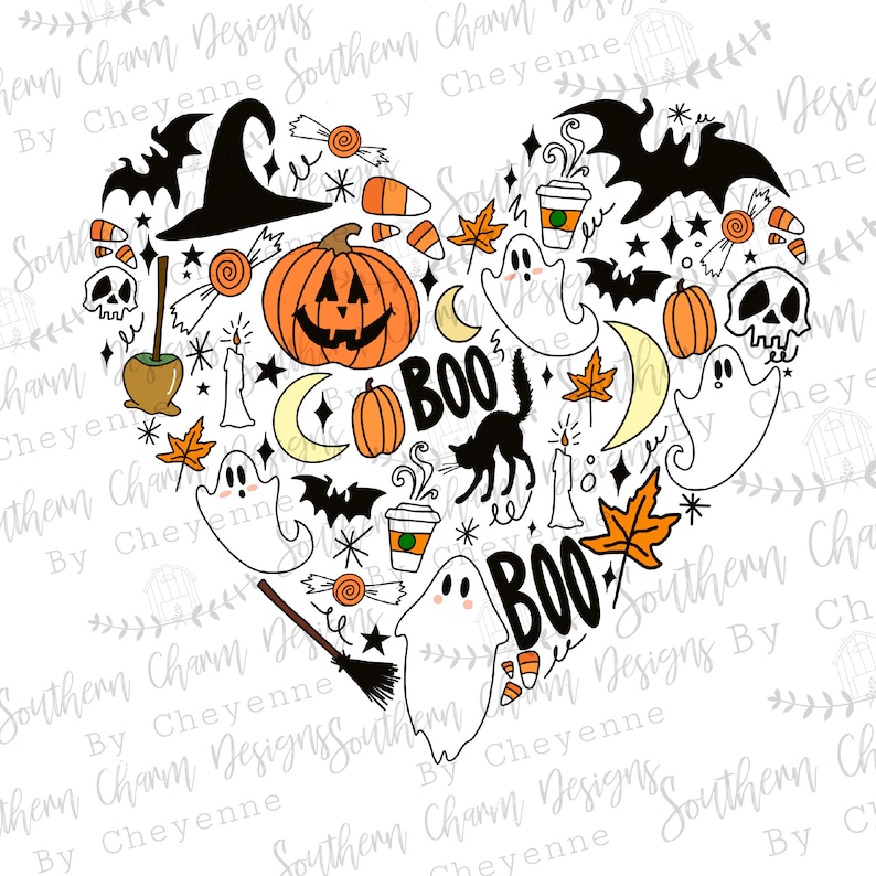 May include: A heart-shaped design filled with Halloween-themed illustrations, including pumpkins, ghosts, bats, candy corn, and the words "BOO".