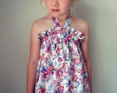 Girls Dress: Ruffle Top Dress. Halter Dress. Pink, Blue and Orange Floral Peonies on White Cotton . sz 12m, 4y.