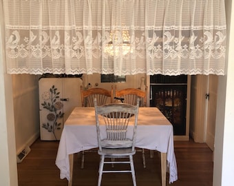 Vintage Love Bird Lace Valance Pair, White Scalloped Edge (57x20)