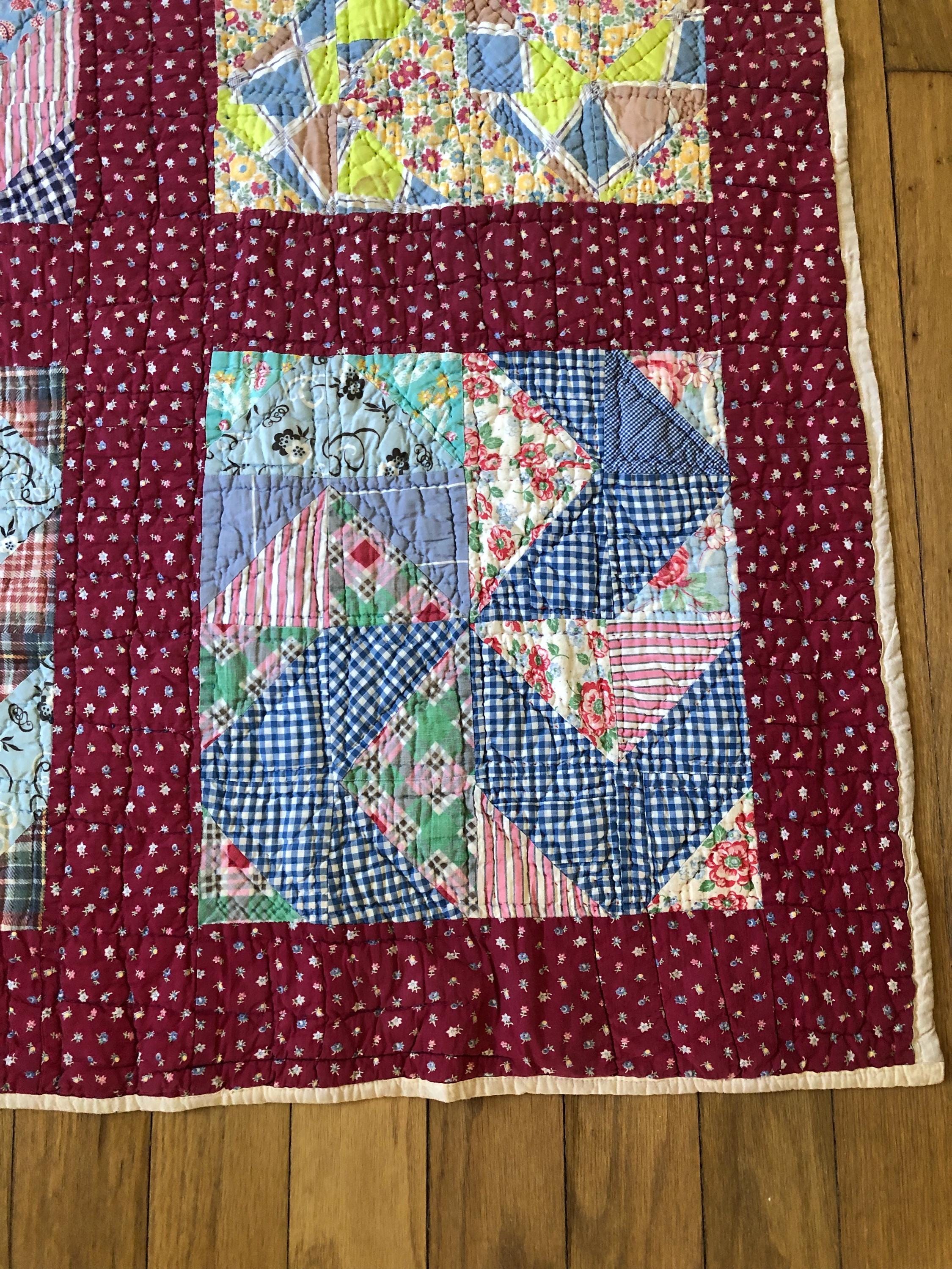 Pinwheel Quilt Bedspread, 1940s – 60x80 – Scrappy Cotton, Sack Cloth ...