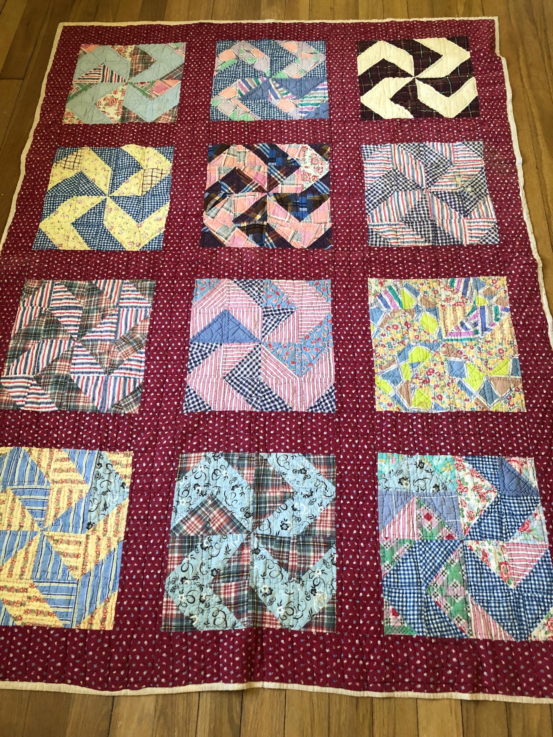 Pinwheel Quilt Bedspread, 1940s – 60x80 – Scrappy Cotton, Sack Cloth ...