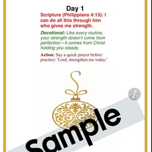 May include: A white card with a gold border and deer illustrations. The card features text about strength and a decorative gold ornament. The word "Sample" is printed across the bottom in large black letters.
