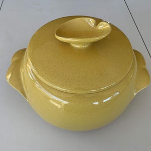 May include: A yellow ceramic casserole dish with a lid. The lid has a unique leaf-shaped handle.