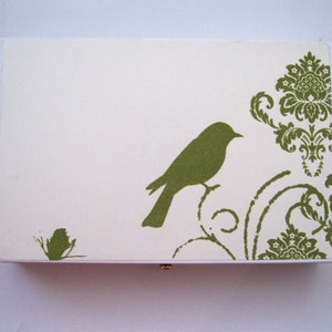 Custom gift box Green bird & branch velvet magnet closure 8 x 5.25 x 1.5. Sturdy presentation jewelry box, exclusive designs hand decorated