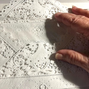 May include: Close-up of white, intricately designed paper lace. The lace features floral and geometric patterns, with scalloped edges. The delicate paper is partially unfolded, revealing more of the detailed design. The image is well-lit, highlighting the texture and craftsmanship.