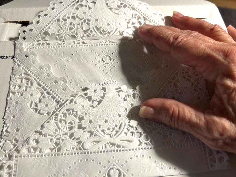 May include: Close-up of white, intricately designed paper lace. The lace features floral and geometric patterns, with scalloped edges. The delicate paper is partially unfolded, revealing more of the detailed design. The image is well-lit, highlighting the texture and craftsmanship.