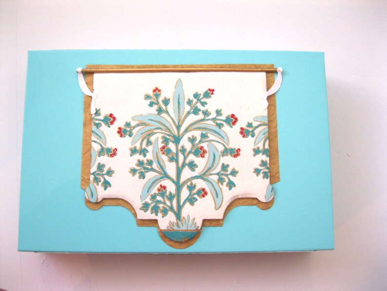 Custom box 8 x 5.25 x 1.5 Ornate light blue floral magnet close Sturdy fancy presentation white jewelry box exclusive design hand decorated