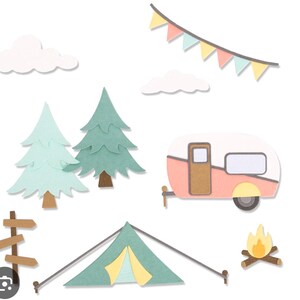 May include: A collection of paper cut-out camping-themed elements, including a pink and white camper, a green tent, trees, clouds, a campfire, and a banner. The elements are in soft pastel colors, creating a whimsical and inviting scene.