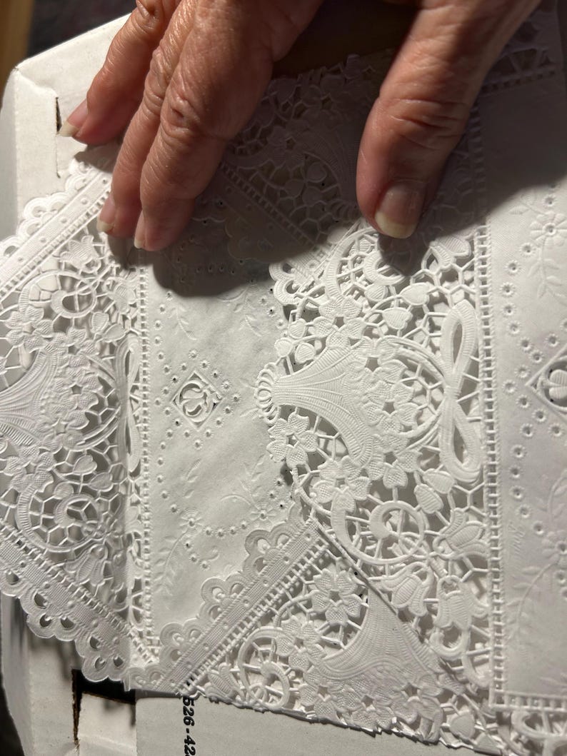 May include: Close-up of white, intricately designed paper lace. The lace features floral and geometric patterns, with delicate cut-out details. The paper is folded, revealing the detailed design. The image is well-lit, highlighting the texture and craftsmanship of the lace.