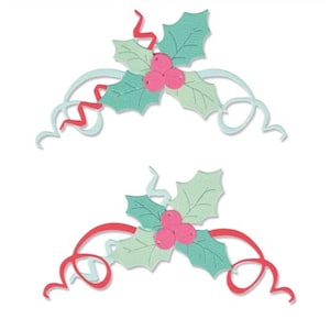 May include: Two decorative holly and berry designs. Each features green holly leaves, pink berries, and red and light blue ribbons. The designs are set against a white background, perfect for holiday crafts and decorations.
