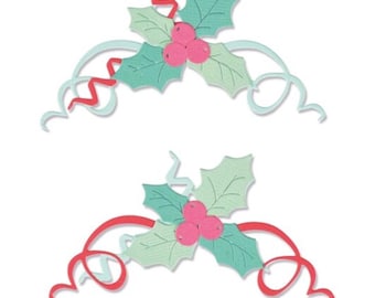 Sizzix thinlits Christmas holiday boughs of Holly 11-die paper crafting set 664700 Thin steel dies Holly leaves berries ribbons NEW thin die
