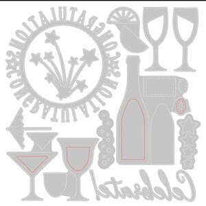 May include: A silver metal craft die set featuring a circular frame with the text CONGRATULATIONS, a firework burst, two champagne flutes, a wine bottle, a cocktail umbrella, a martini glass, a wine glass, a citrus slice, and the word Celebrate.