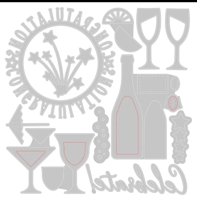 May include: A silver metal craft die set featuring a circular frame with the text CONGRATULATIONS, a firework burst, two champagne flutes, a wine bottle, a cocktail umbrella, a martini glass, a wine glass, a citrus slice, and the word Celebrate.