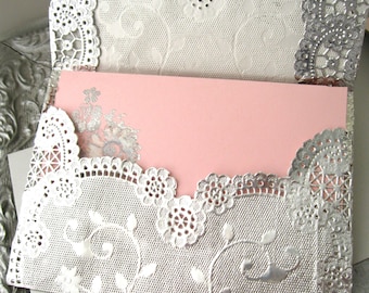 15 Metallic silver lace envelopes A7, hand made QTY 15 fancy silver lace romantic wedding invitation paper envelopes silver lace envelopes