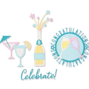 May include: A collection of paper die-cut shapes featuring a martini glass with a teal umbrella, a cocktail glass with a lemon slice, a champagne bottle with star-shaped confetti, and a circular emblem with two glasses and the text CONGRATULATIONS.