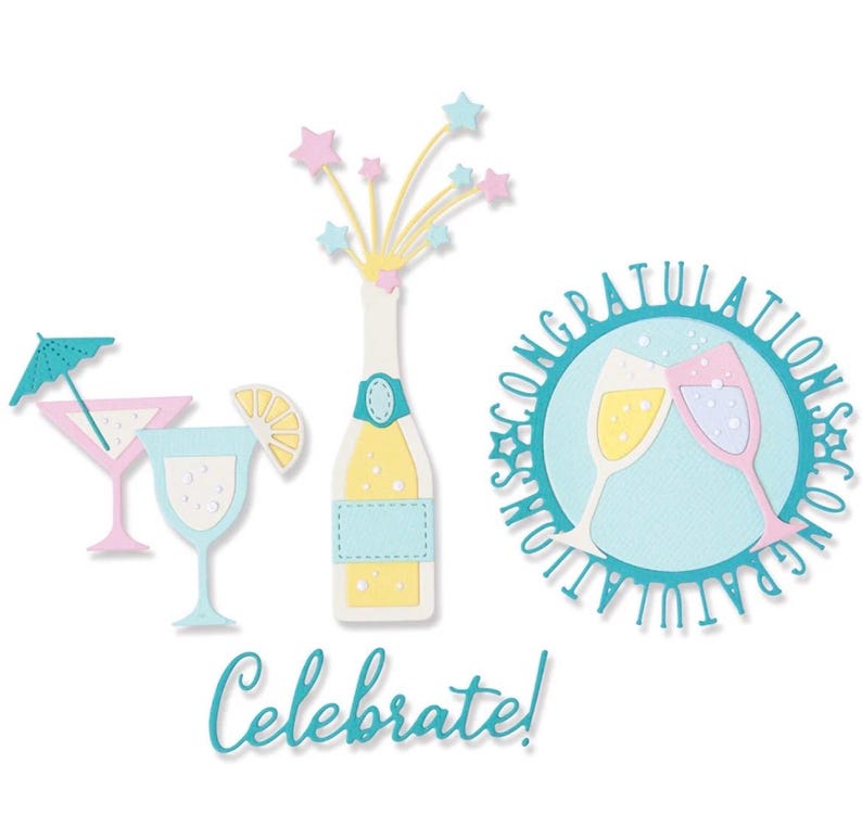May include: A collection of paper die-cut shapes featuring a martini glass with a teal umbrella, a cocktail glass with a lemon slice, a champagne bottle with star-shaped confetti, and a circular emblem with two glasses and the text CONGRATULATIONS.