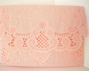 10 Pink Rose Lace Doily envelopes - wedding invitation liners pink doily envelopes lace envelopes Qty 10- custom sizes - discount with qty