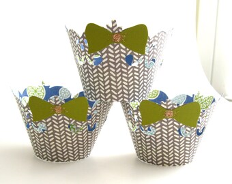Cupcake Wrappers with bow taupe and olive green cupcake wrapper Qty 20 Herringbone with bow party shower  birthday party bow tie masculine