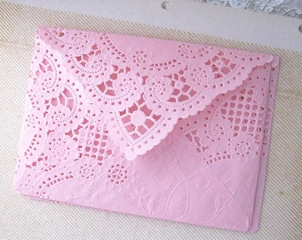 Qty 15 A7 pink lace envelopes Euro Flap pink envelopes 5-1/4x7-1/4 Elegant wedding invitation liners pink vintage style doily envelopes