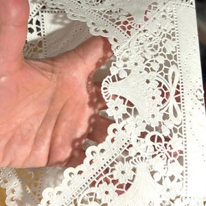 May include: A white, intricately cut paper design featuring floral and geometric patterns. The delicate lace-like details include scalloped edges and floral basket motifs, creating a textured, decorative element.