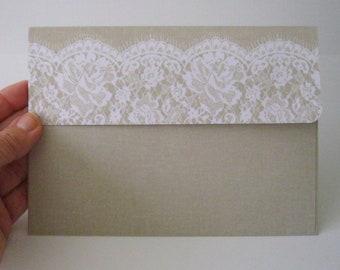 A7 envelopes Taupe with white lace pattern 10 or 20 Handmade envelopes 5-1/4 x 7-1/4 wedding invitation announcement romantic stationery