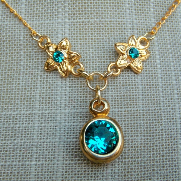 Necklace (choker) Earrings dangle gold plated blue turquoise Swarovski crystals flowers