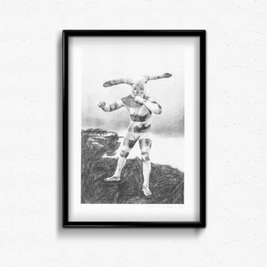 May include: Black and white pencil drawing of a person in a striped costume with horns. The person is standing on a rocky surface and is holding their hands up in a defensive pose.