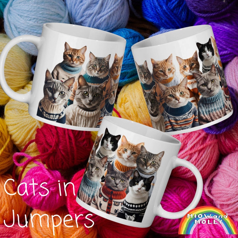 mug with images of cats in jumpers around it