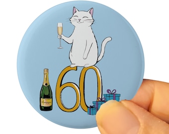 Pin de 60 cumpleaños: Gato blanco con champán, sesenta años