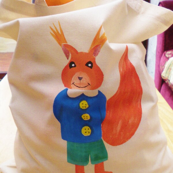 sale Item Squirrel bag Hand Painted bag Red Squirrel Cotton Tote Bag Shopping Bag fabric paints