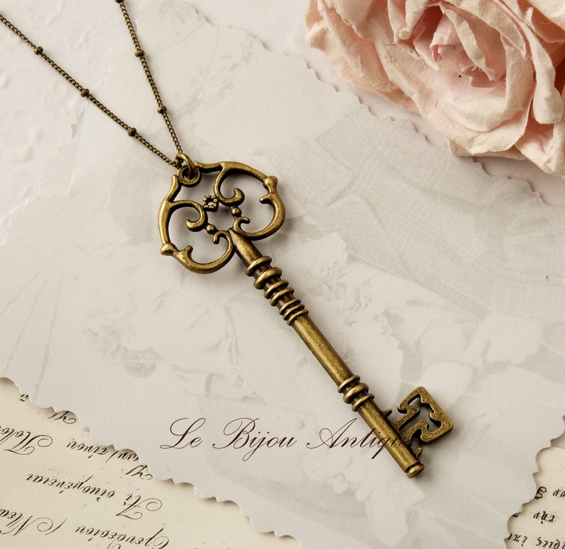 Skeleton Key Necklace Antique Bronze Key Necklace With Long Etsy