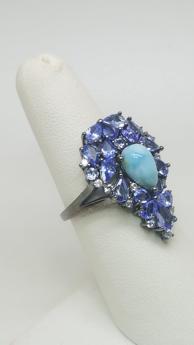 4.50ct Pear Shaped Tanzanite and 9x6mm Larimar Black Rhodium over Sterling Silver Ring