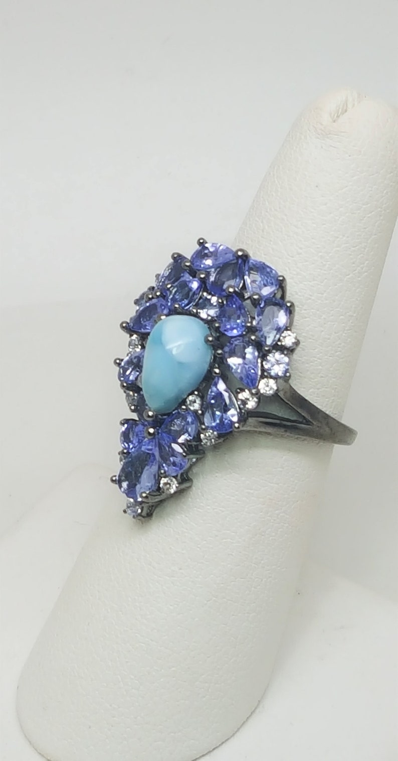 4.50ct Pear Shaped Tanzanite and 9x6mm Larimar Black Rhodium over Sterling Silver Ring