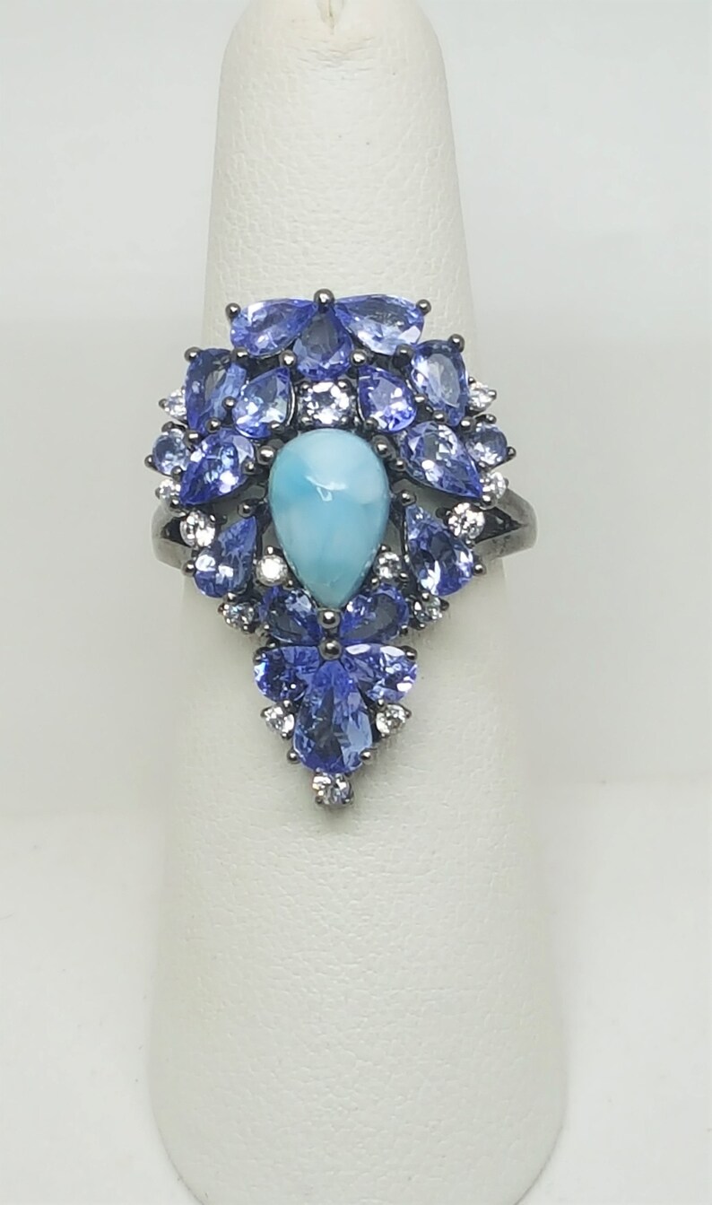 4.50ct Pear Shaped Tanzanite and 9x6mm Larimar Black Rhodium over Sterling Silver Ring