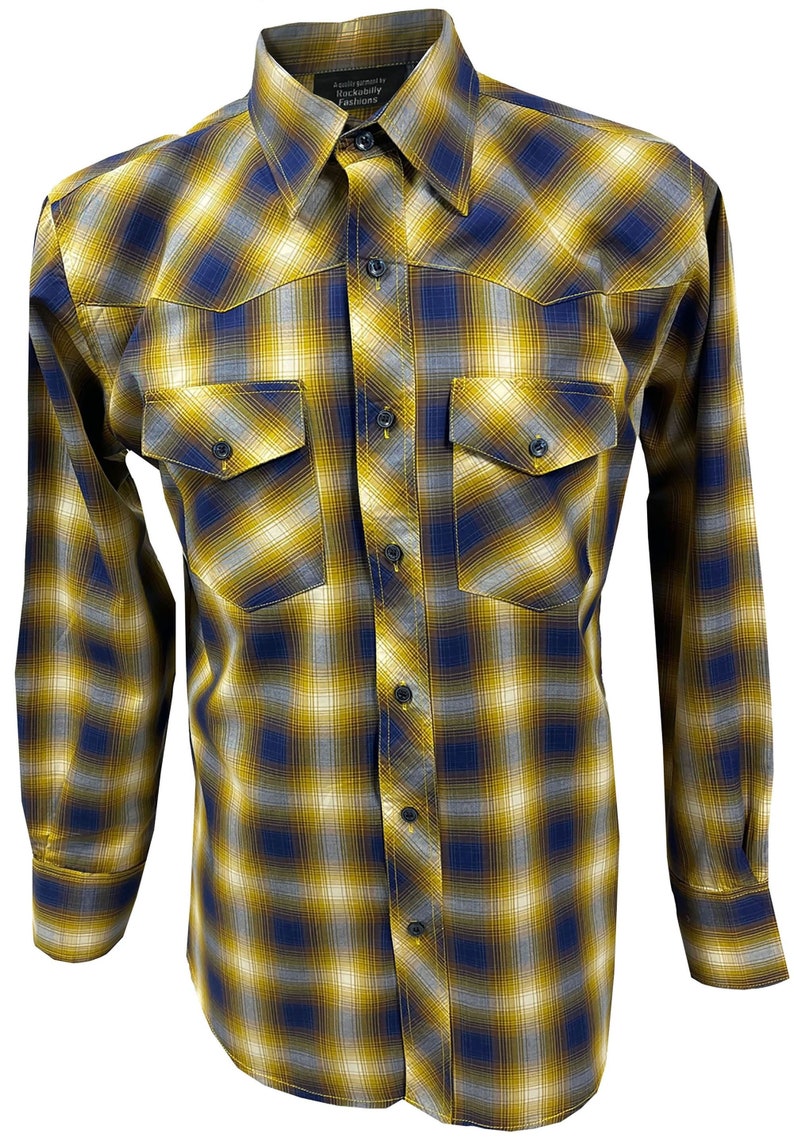 Rockabilly Men’s Clothing     Mens  Western Cowboy Shirt 1950s 1960s Retro Vintage Blue and Yellow Checkered panels  AT vintagedancer.com