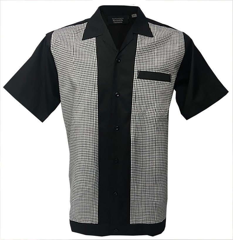 1950s Men’s Clothing & Fashion     Mens shirt 1950s 1960s  Rockabilly Modern Retro Bowling Vintage style Short sleeve Cotton Black with Black and White gingham front panels  AT vintagedancer.com