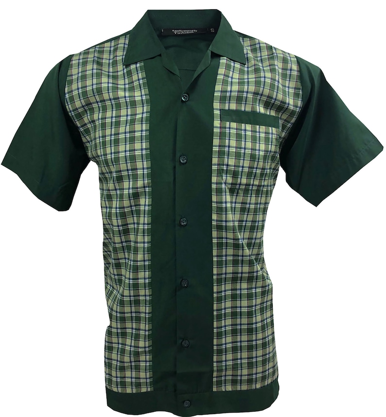 1950s Mens Shirts | Bowling Shirts, Retro Knit Polos Mens shirt 1950s 1960s Rockabilly Modern Retro Bowling Vintage style Short sleeve Cotton Dark Green with Checked front panels $41.80 AT vintagedancer.com