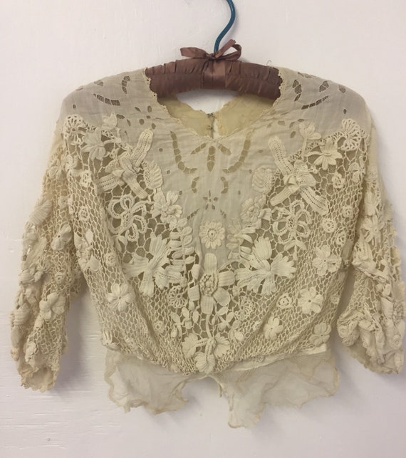 Edwardian Irish Crochet Open-Work Cotton Voile Blo