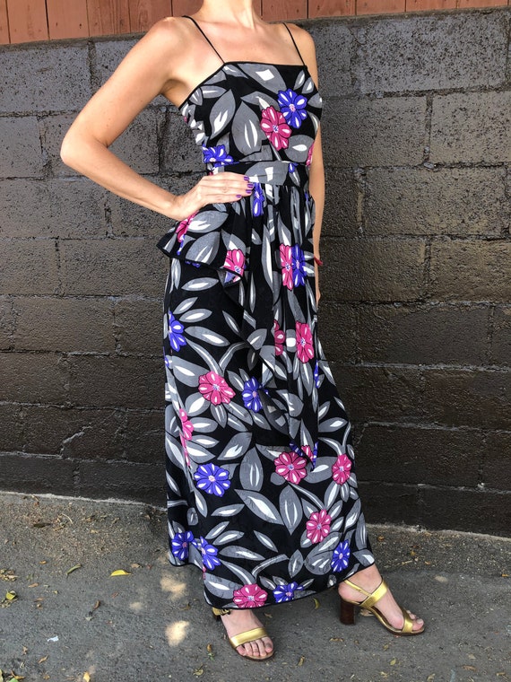 70's/80's Floral Silk Spaghetti Strap Gown