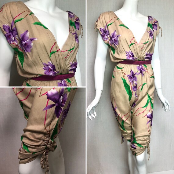 1980s rayon Hawaiian print sexy jumpsuit