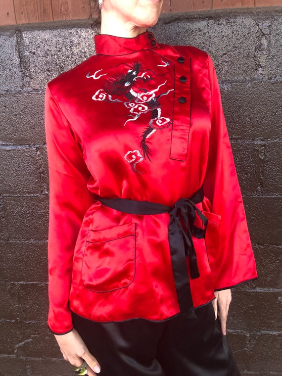 Vintage silk Chinese Pajama Set with Dragon Embroi