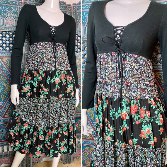 Sexy 70s lace tie front peasant / prairie dress