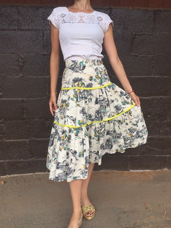 50’s Tiered Cotton Village Work Scene Print Skirt