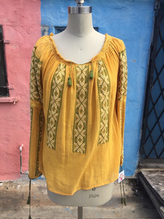 Vintage Romanian Blouse in Mustard and Green