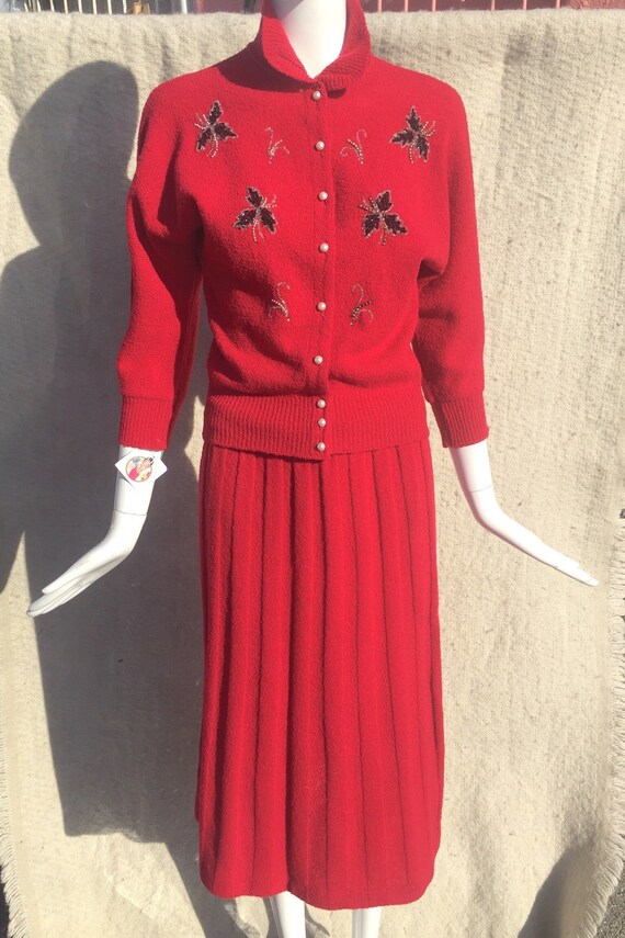 50's Cherry Red Beaded Cardigan & Skirt Set