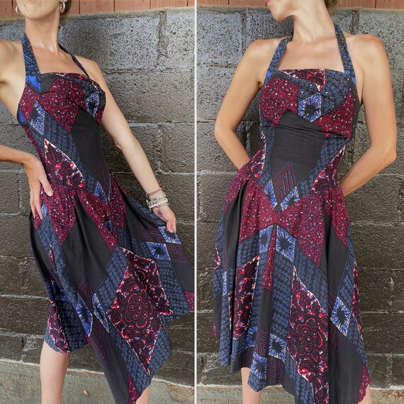 1950s fit flare batik print rhinestone studded cot