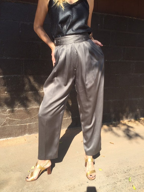 80s Ted Lapidus Silk Satin Trousers with Waist Buc