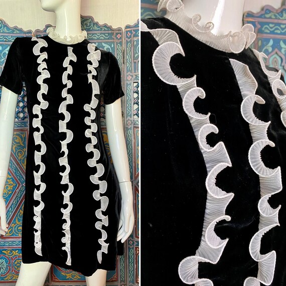 Adorable 1960s black velvet mini dress with white